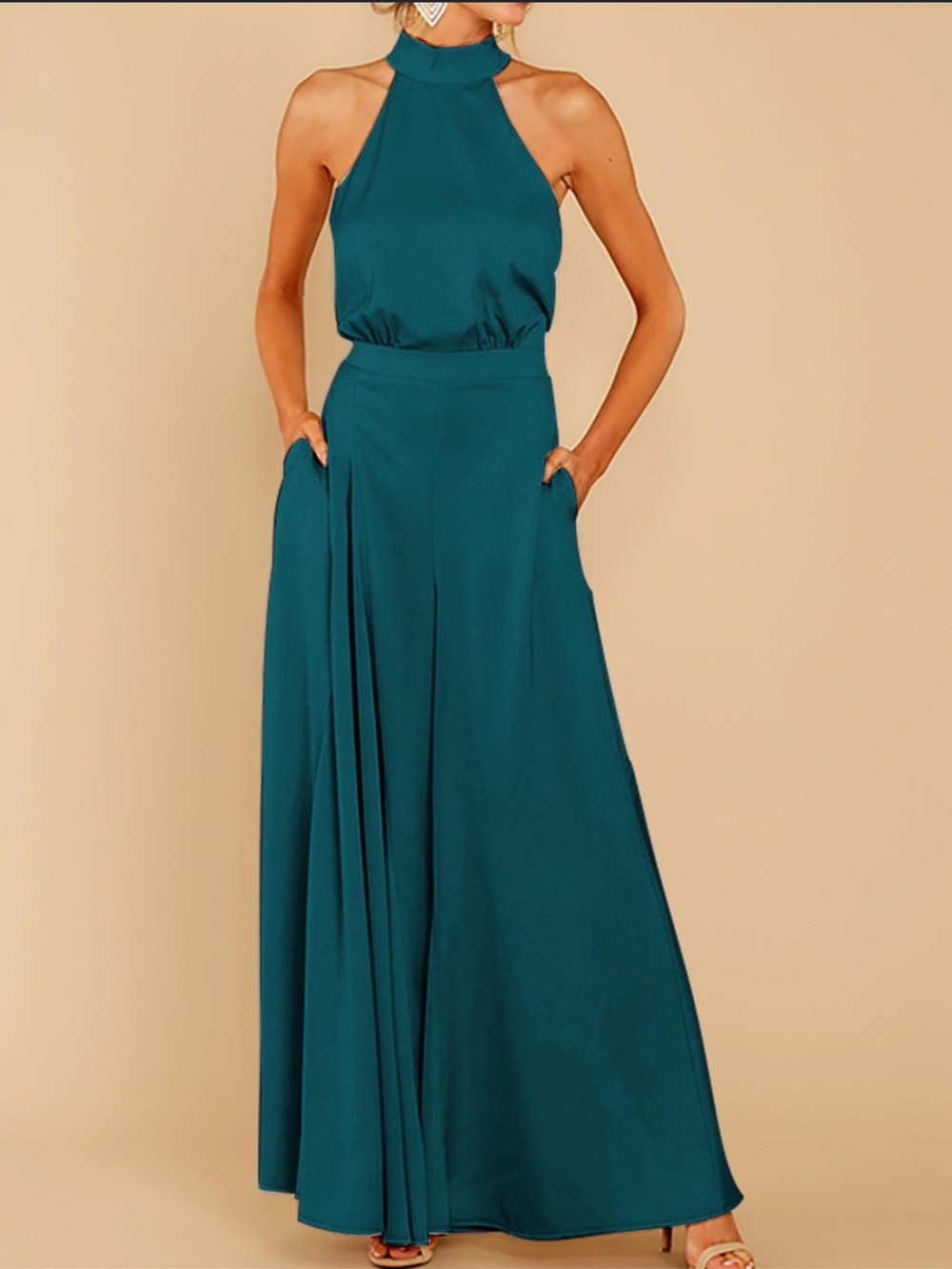 NWT S·DEER Teal Satin Halter Wide-Leg Jumpsuit with Pockets - Size XL